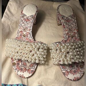 Tory Burch Tatiana Beaded Pearl Slide Sandals Hicks Garden Satin Shoes 7.5